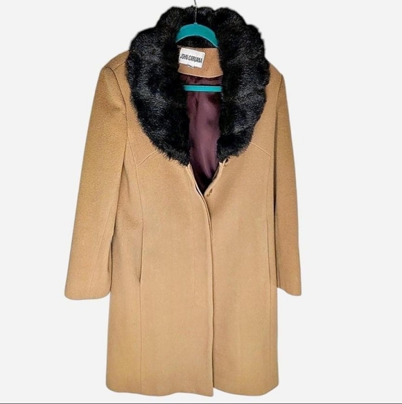 John Caruana Women's vintage tan‎ brown wool coat with faux fur collar size 6 - Picture 2 of 8